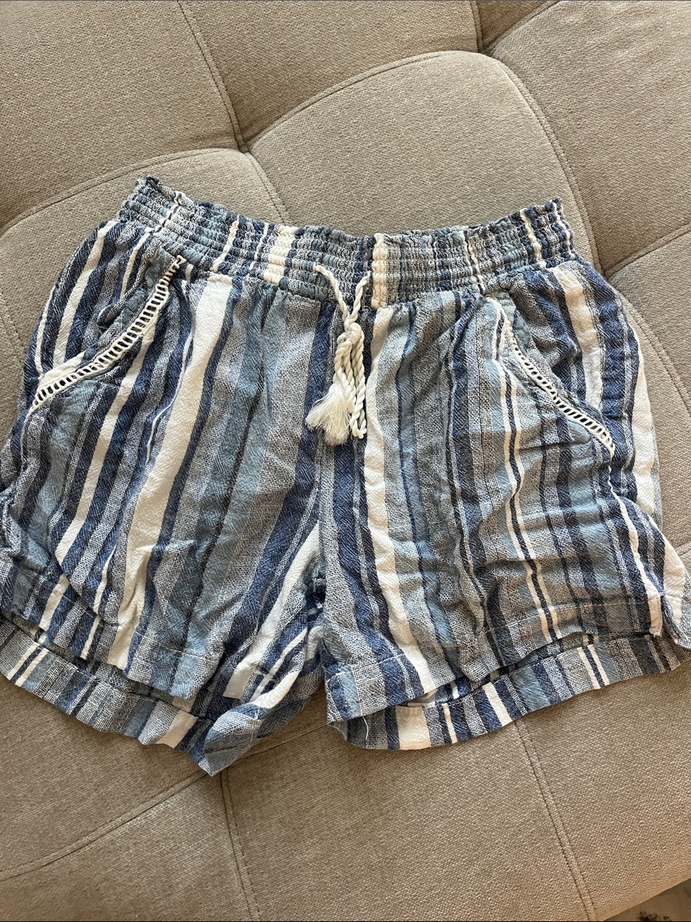 Blue and White Striped Women's Drawstring Shorts